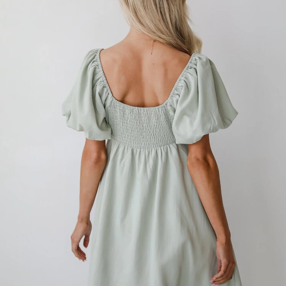 New Sage Puff Sleeve Smocked Mini Dress Square Neck